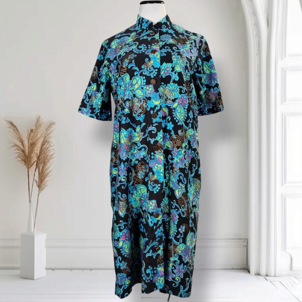 Vintage 60s Alice Polynesian Fashions Hawaiian Mod Floral Shift Dress L 14